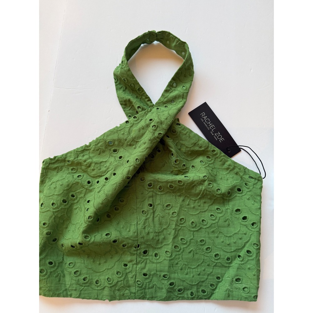 Rachel Zoe Green Eyelet Halter Top Smocked Back Cotton Cropped Small NWT